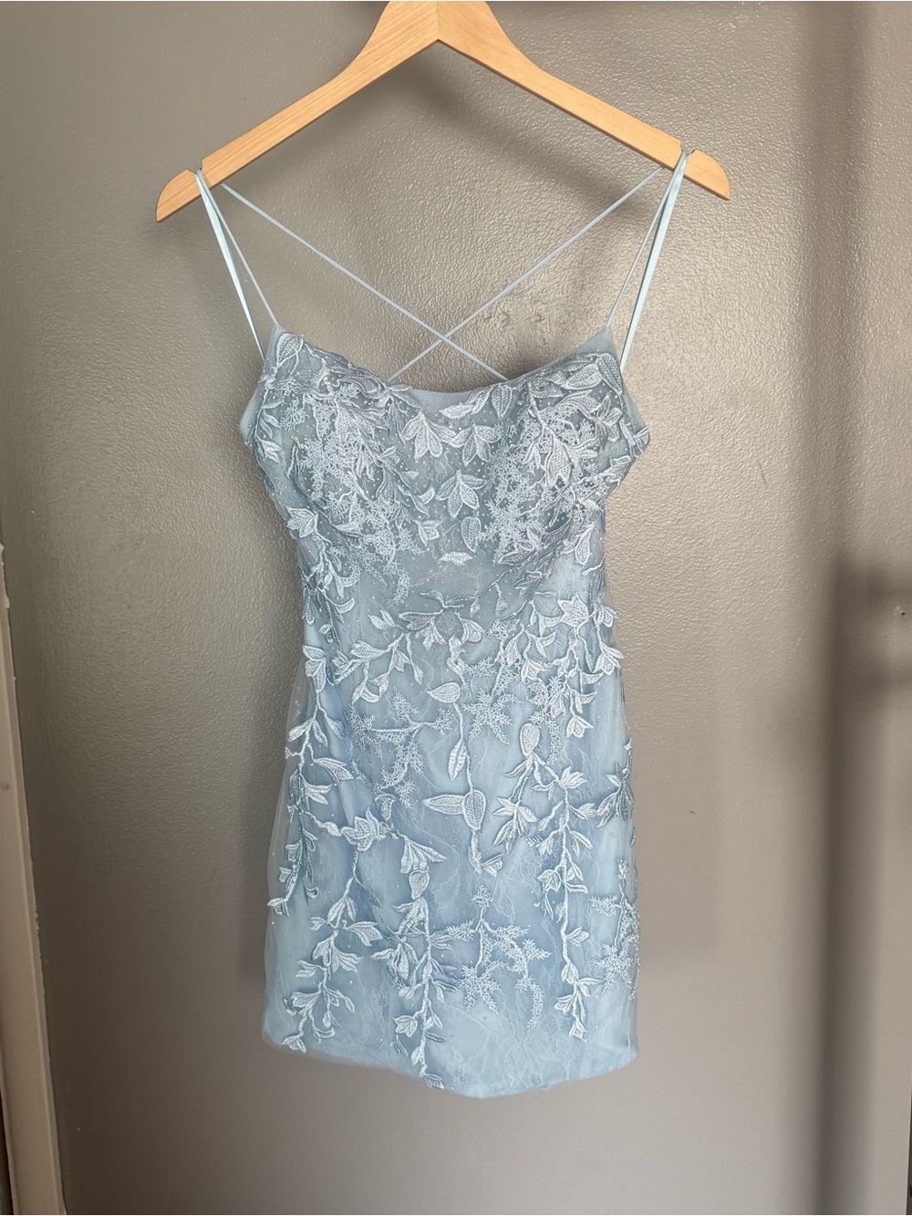 Delicate Light Blue Lace Mini Dress with Crisscross Straps